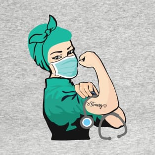 Pin Up Nurse Girl Wearing Mask with Strong Tattoo T-Shirt